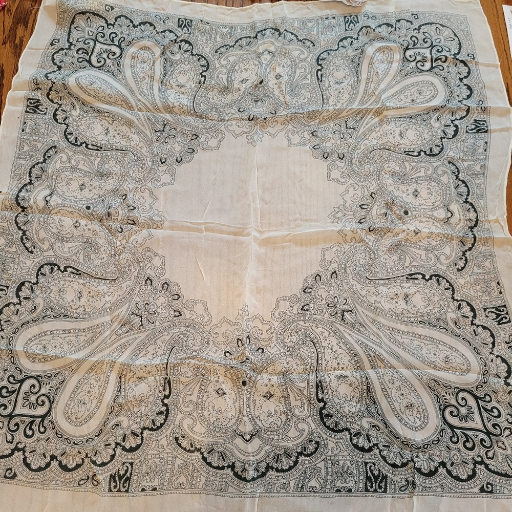 Vintage Scarf ~ Black & Cream Tone Paisley ~ Retro ~ Blemishes FINAL PRICE